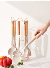 Beige Elegant 7-Piece Silicone Kitchen Utensil Set with Wooden Handles & Rose Gold Stand - Non-Stick Cookware Safe - Close-Up Angle