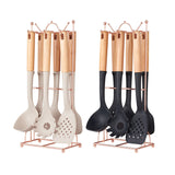 Black Elegant 7-Piece Silicone Kitchen Utensil Set with Wooden Handles & Rose Gold Stand - Non-Stick Cookware Safe - Front View