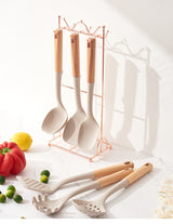 Black Elegant 7-Piece Silicone Kitchen Utensil Set with Wooden Handles & Rose Gold Stand - Non-Stick Cookware Safe - 45-Degree Angle