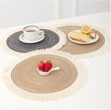 Brown Chic Round Woven Placemats with Tassel Fringe - Set of 4, Cotton Ramie Blend, Heat Resistant Table Mats - Side View