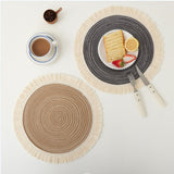 Brown Chic Round Woven Placemats with Tassel Fringe - Set of 4, Cotton Ramie Blend, Heat Resistant Table Mats - Top-Down View