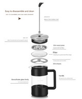 Black Classic 1000ml French Press Coffee & Tea Maker - Heat Resistant Borosilicate Glass, Stainless Steel Filter - 45-Degree Angle