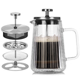 Transparent Elegant Ribbed Double Wall Glass French Press - 1000ml Heat Resistant Coffee and Tea Maker with Stainless Steel Filter - Front View