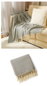 Grey Elegant Herringbone Tassel Throw Blanket - Large Acrylic Faux Cashmere Soft Cozy Blanket for Sofa, Bed & Decor (130x240cm) - 45-Degree Angle