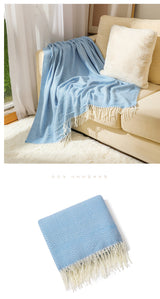 Blue Elegant Herringbone Tassel Throw Blanket - Large Acrylic Faux Cashmere Soft Cozy Blanket for Sofa, Bed & Decor (130x240cm) - 45-Degree Angle
