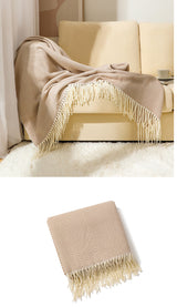Khaki Elegant Herringbone Tassel Throw Blanket - Large Acrylic Faux Cashmere Soft Cozy Blanket for Sofa, Bed & Decor (130x240cm) - Rear View
