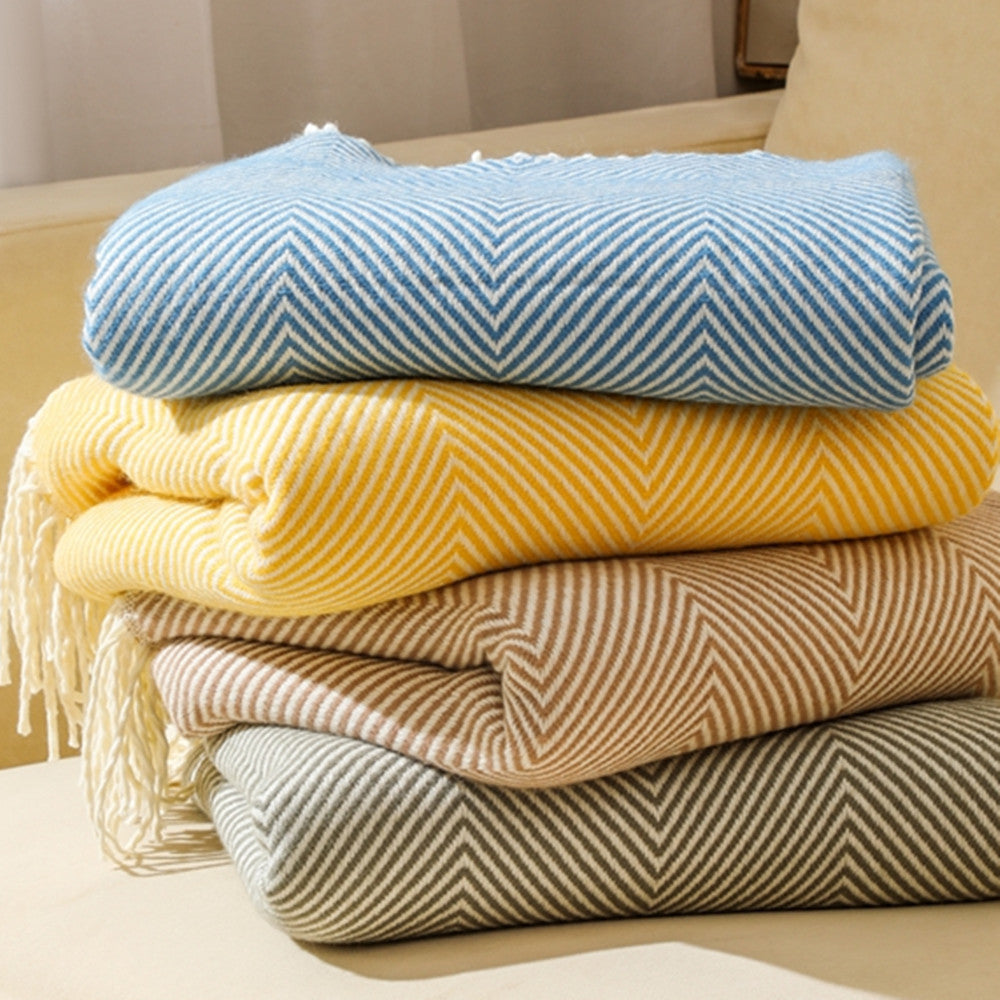 Yellow Elegant Herringbone Tassel Throw Blanket - Large Acrylic Faux Cashmere Soft Cozy Blanket for Sofa, Bed & Decor (130x240cm)