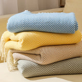 Yellow Elegant Herringbone Tassel Throw Blanket - Large Acrylic Faux Cashmere Soft Cozy Blanket for Sofa, Bed & Decor (130x240cm) - Front View