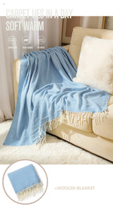 Yellow Elegant Herringbone Tassel Throw Blanket - Large Acrylic Faux Cashmere Soft Cozy Blanket for Sofa, Bed & Decor (130x240cm) - Side View