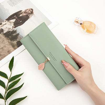 Green Elegant Ladies Long PU Leather Wallet - Slim Clutch with Leaf Charm, Multi-Card Holder & Organizer