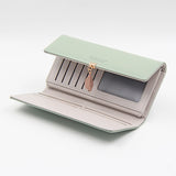 Green Elegant Ladies Long PU Leather Wallet - Slim Clutch with Leaf Charm, Multi-Card Holder & Organizer - 45-Degree Angle