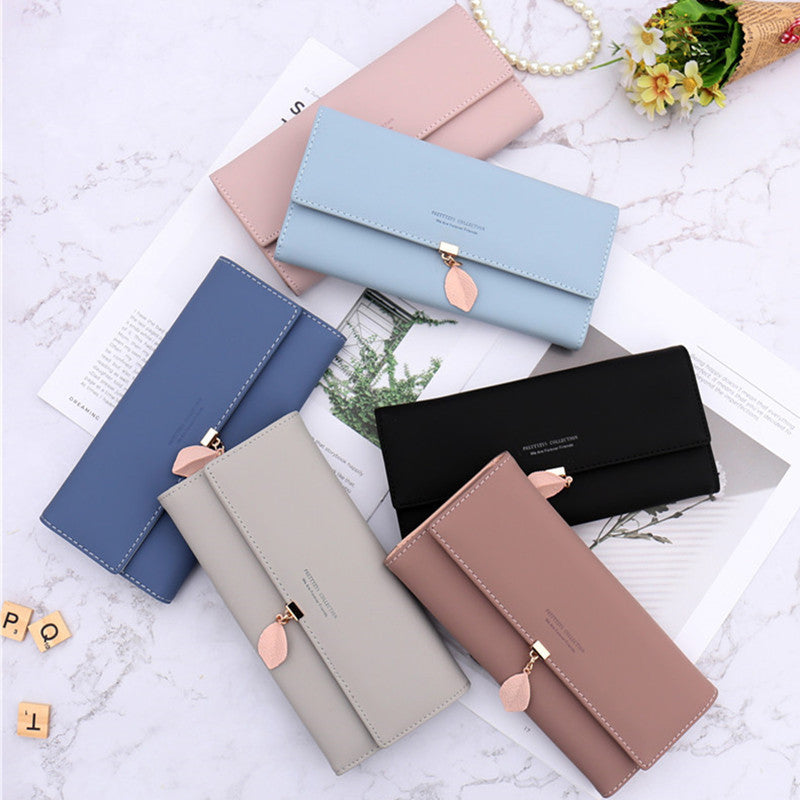 Red Elegant Ladies Long PU Leather Wallet - Slim Clutch with Leaf Charm, Multi-Card Holder & Organizer