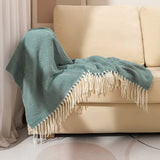 Green Elegant Herringbone Tassel Throw Blanket - Large Acrylic Faux Cashmere Soft Cozy Blanket for Sofa, Bed & Decor (130x240cm) - Front View