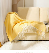 Green Elegant Herringbone Tassel Throw Blanket - Large Acrylic Faux Cashmere Soft Cozy Blanket for Sofa, Bed & Decor (130x240cm) - Close-Up Angle