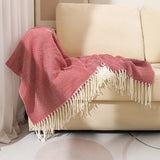 Red Elegant Herringbone Tassel Throw Blanket - Large Acrylic Faux Cashmere Soft Cozy Blanket for Sofa, Bed & Decor (130x240cm) - Front View