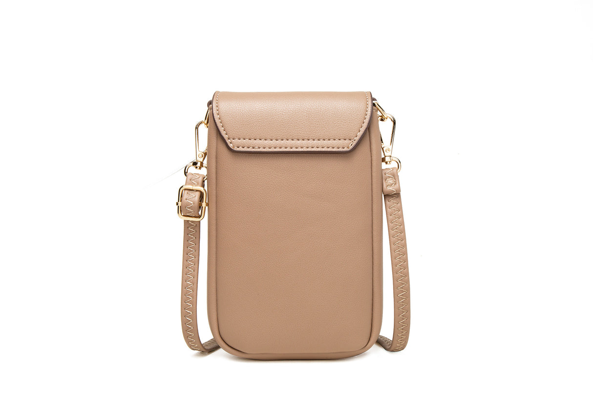 Beige Chic Quilted Crossbody Phone Bag - PU Leather Mini Purse with Floral Stitching & Adjustable Strap
