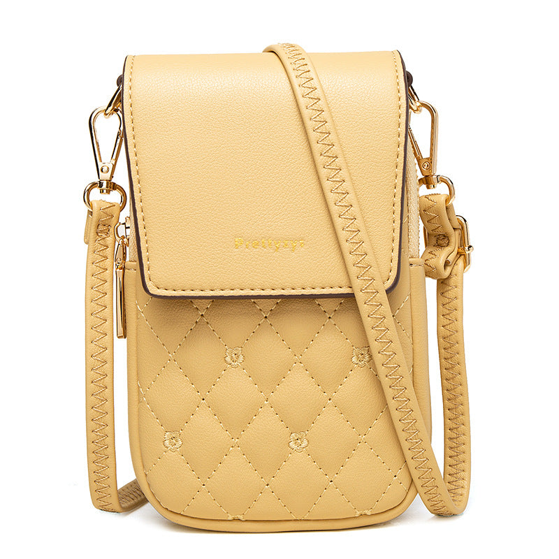 Yellow Chic Quilted Crossbody Phone Bag - PU Leather Mini Purse with Floral Stitching & Adjustable Strap