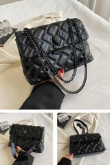 Black Chic Quilted Crossbody Bag for Women - PU Leather Diamond Pattern Chain Strap Shoulder Purse with Elegant Clasp - Front View