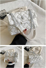 White Chic Quilted Crossbody Bag for Women - PU Leather Diamond Pattern Chain Strap Shoulder Purse with Elegant Clasp - Front View