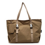 Khaki Women's Large Capacity Nylon Tote Bag - Stylish Casual Shoulder with Detachable Pouch - Front View