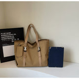 Khaki Women's Large Capacity Nylon Tote Bag - Stylish Casual Shoulder with Detachable Pouch - Rear View