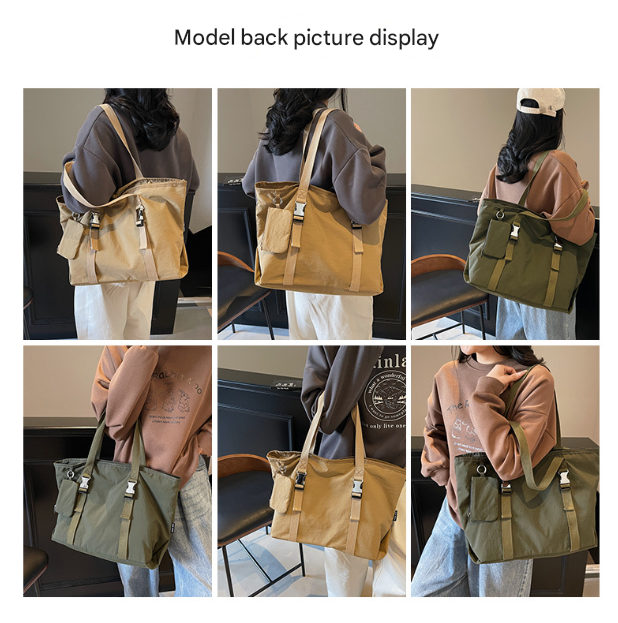 Black Women's Large Capacity Nylon Tote Bag - Stylish Casual Shoulder with Detachable Pouch