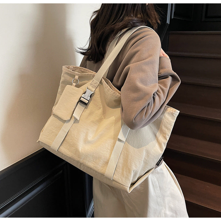 Beige Women's Large Capacity Nylon Tote Bag - Stylish Casual Shoulder with Detachable Pouch