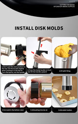 Silver and Black Stainless Steel Cookie Press Gun Kit - Biscuit Maker & Icing Decorating Set with 13 Discs & 8 Nozzles - Top-Down View