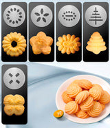 Silver and Black Stainless Steel Cookie Press Gun Kit - Biscuit Maker & Icing Decorating Set with 13 Discs & 8 Nozzles - Close-Up Angle