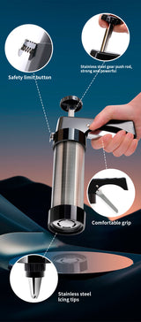 Silver and Black Stainless Steel Cookie Press Gun Kit - Biscuit Maker & Icing Decorating Set with 13 Discs & 8 Nozzles