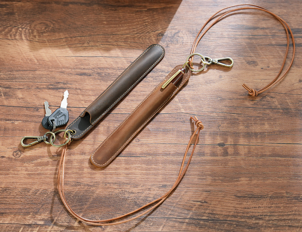 Coffee Vintage Top-Grain Leather Pen Sleeve Holder with Neck Strap - Protective Single Pen Case