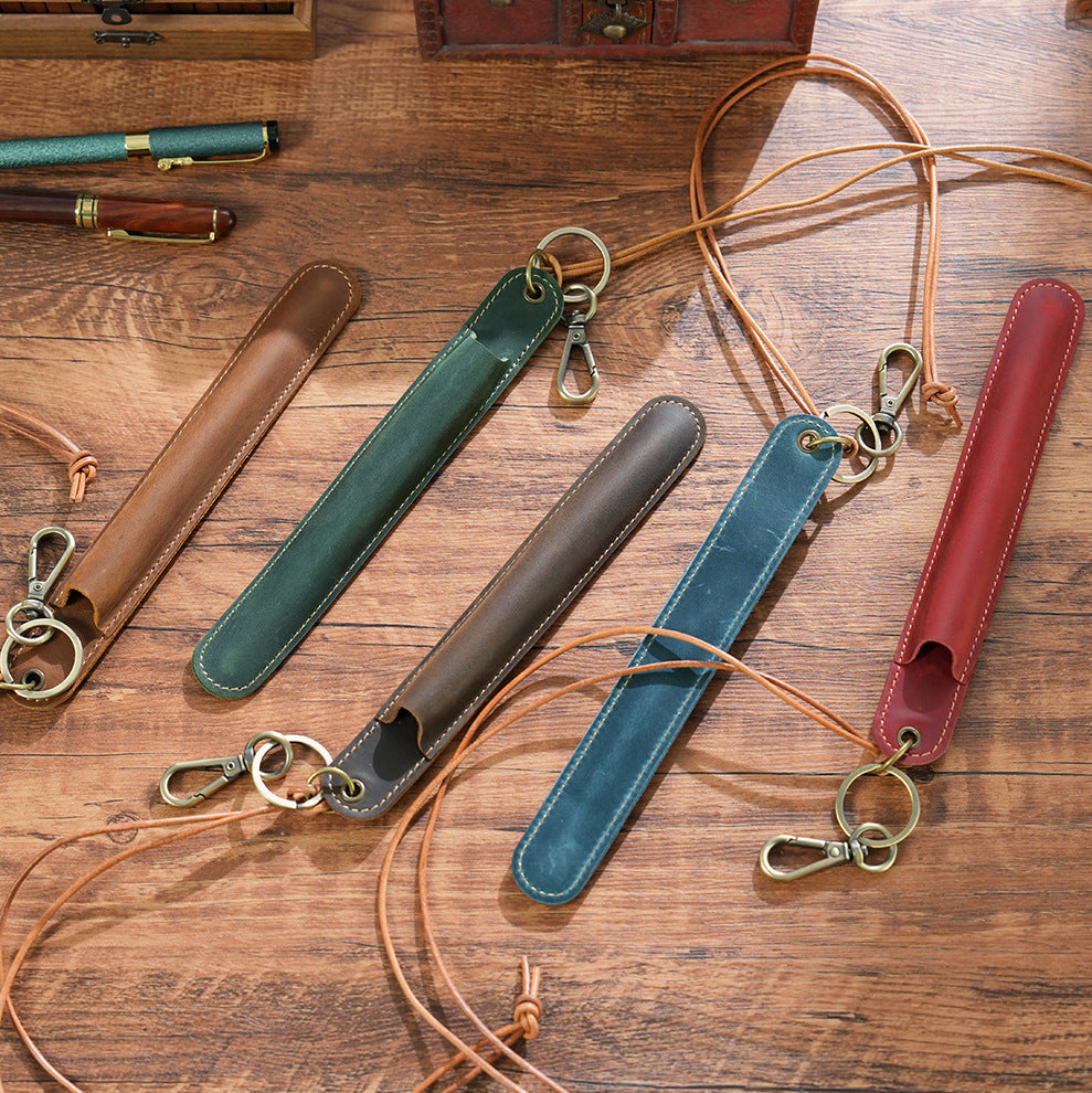 Green Vintage Top-Grain Leather Pen Sleeve Holder with Neck Strap - Protective Single Pen Case