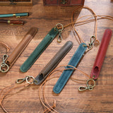 Green Vintage Top-Grain Leather Pen Sleeve Holder with Neck Strap - Protective Single Pen Case - Front View