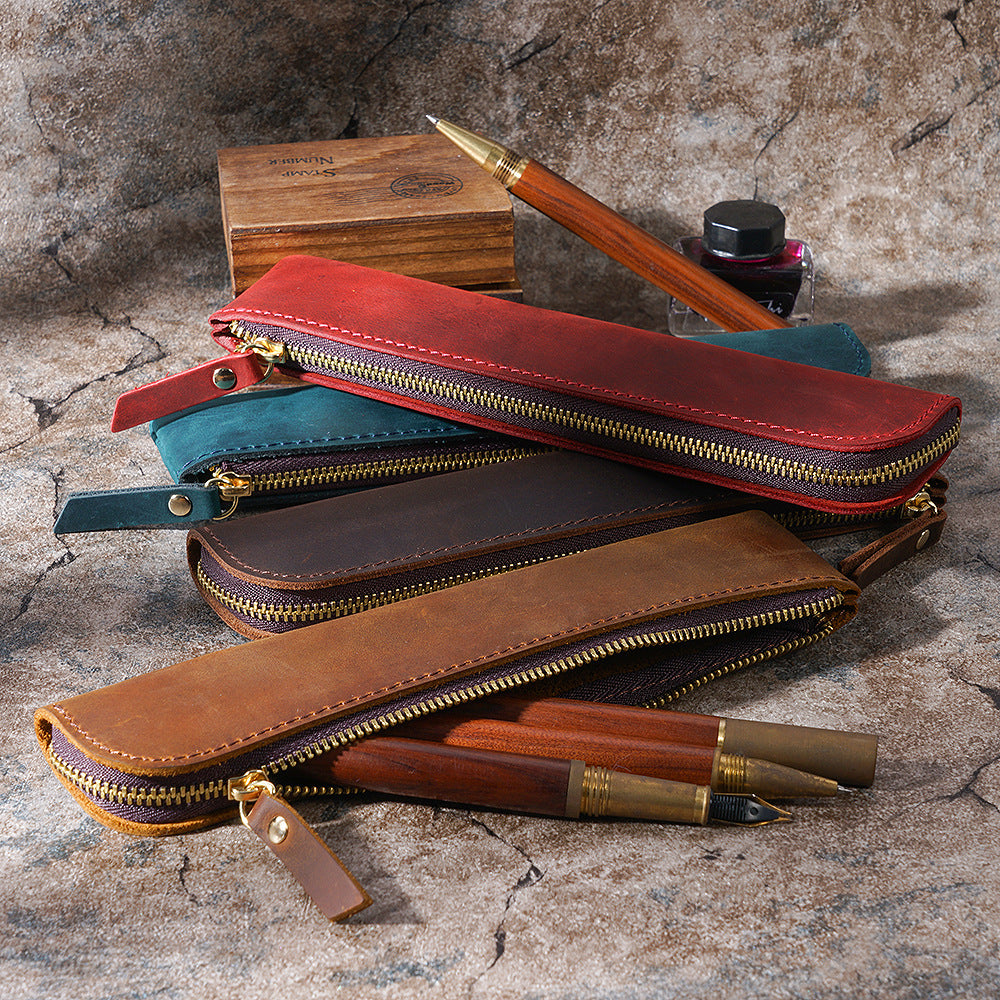 Black Vintage Crazy Horse Leather Zippered Pen Case - Retro Pencil Pouch & Small Accessories Bag