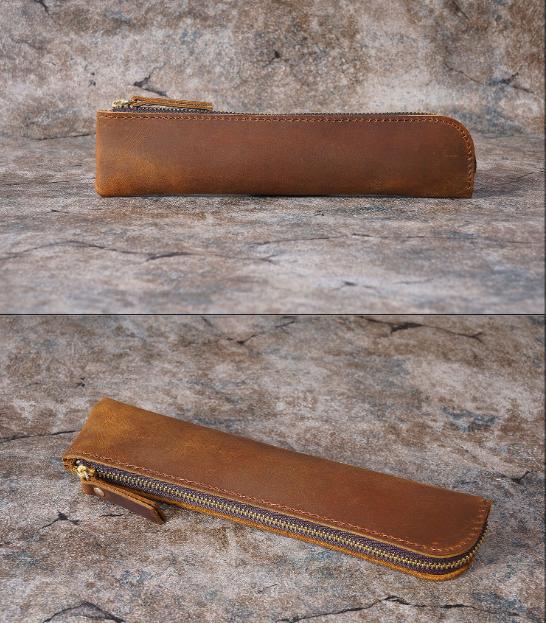 Coffee Vintage Crazy Horse Leather Zippered Pen Case - Retro Pencil Pouch & Small Accessories Bag