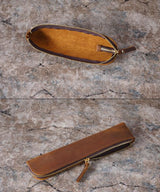 Coffee Vintage Crazy Horse Leather Zippered Pen Case - Retro Pencil Pouch & Small Accessories Bag
