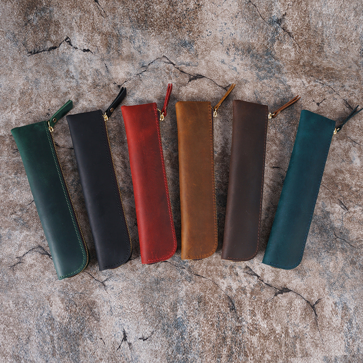 Blue Vintage Crazy Horse Leather Zippered Pen Case - Retro Pencil Pouch & Small Accessories Bag