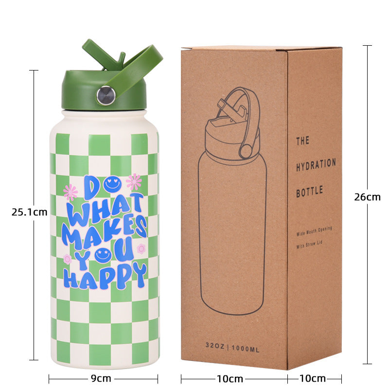 Style 11G Colorful Plaid Vibrant Fun Print 1L Stainless Steel Insulated Water Bottle - 32oz Large Capacity with Straw Lid & Carry Handle - BPA-Free
