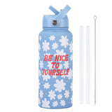Style 19A Blue and White Plaid Vibrant Fun Print 1L Stainless Steel Insulated Water Bottle - 32oz Large Capacity with Straw Lid & Carry Handle - BPA-Free