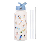 Style 23C White and Blue Vibrant Fun Print 1L Stainless Steel Insulated Water Bottle - 32oz Large Capacity with Straw Lid & Carry Handle - BPA-Free