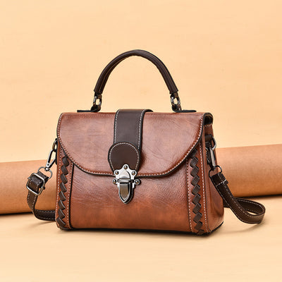 Brown Elegant Women's PU Leather Top Handle Satchel - Versatile Crossbody Bag with Classic Clasp & Braided Detail