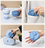 2 Pcs Dark Blue 350ml Collapsible Silicone Travel Cup - Portable, Leak-Proof & Food-Grade Drinking Mug with Lid, Insulating Sleeve & Straw - Close-Up Angle