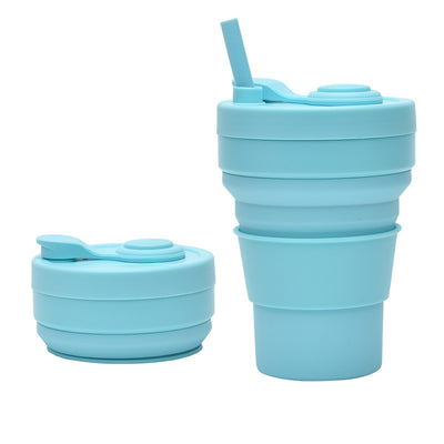 2 Pcs Light Blue 350ml Collapsible Silicone Travel Cup - Portable, Leak-Proof & Food-Grade Drinking Mug with Lid, Insulating Sleeve & Straw