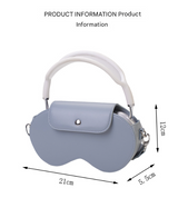 Black Chic PU Leather Crossbody Storage Bag for Apple AirPods Max - Protective Case with Ruched Fabric Strap & Top Handle - Rear View