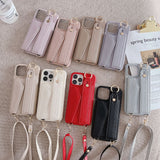 Black Chic PU Leather Crossbody Wallet Case for iPhone 16 - Card Holder with Detachable Strap & Finger Ring Grip - Front View