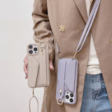 Red Chic PU Leather Crossbody Wallet Case for iPhone 16 - Card Holder with Detachable Strap & Finger Ring Grip - Rear View