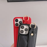Red Chic PU Leather Crossbody Wallet Case for iPhone 16 - Card Holder with Detachable Strap & Finger Ring Grip - Close-Up Angle