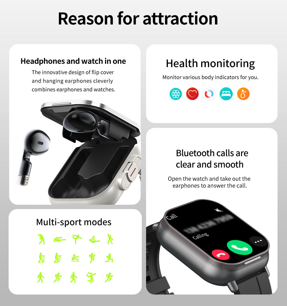 Black TPU Strap 2-in-1 Smartwatch with Built-in Earbuds - 2.01 HD Touchscreen, Bluetooth Calls, Health Monitor, Long Battery Life