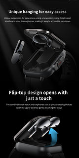 Black TPU Strap 2-in-1 Smartwatch with Built-in Earbuds - 2.01 HD Touchscreen, Bluetooth Calls, Health Monitor, Long Battery Life