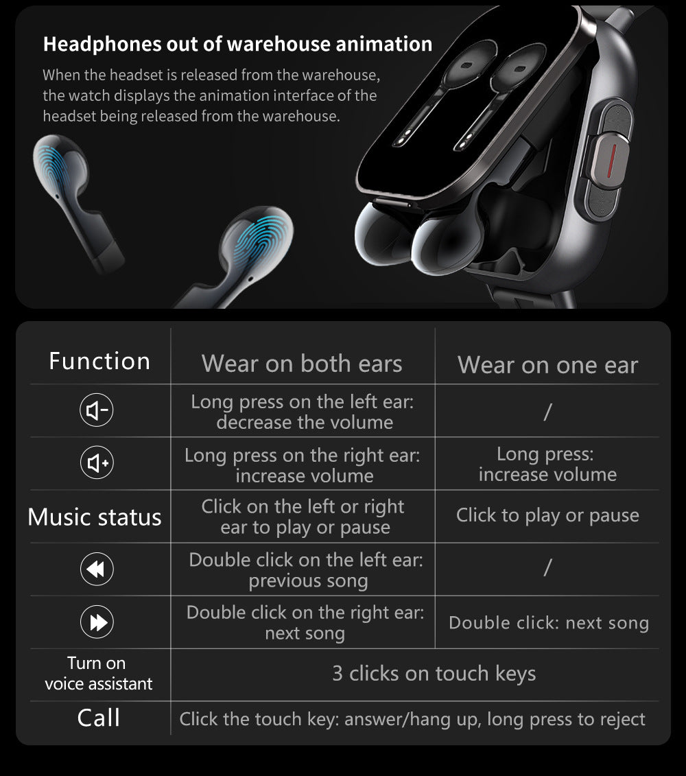 Black TPU Strap 2-in-1 Smartwatch with Built-in Earbuds - 2.01 HD Touchscreen, Bluetooth Calls, Health Monitor, Long Battery Life